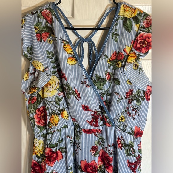 Wrapper mini blue white stripped‎ floral v neck dress - Picture 4 of 10